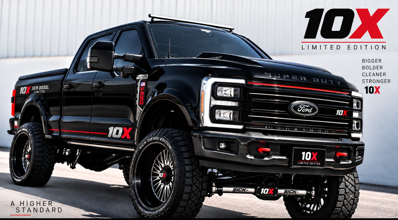 10X F-250 single rear wheel in Agent Black on 12-inch-wide custom 10X wheels