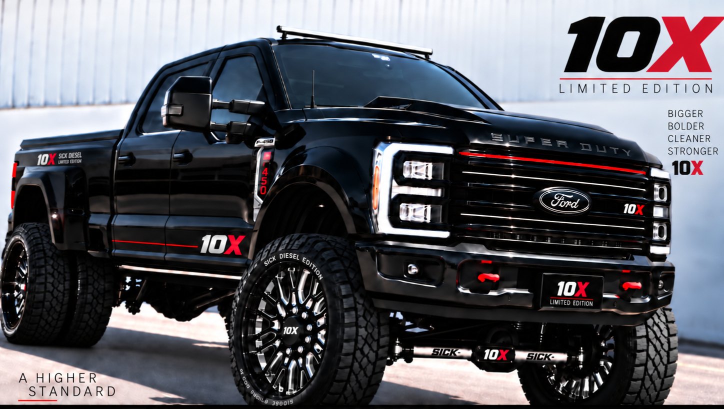 10X F-450 dually in Agent Black, lifted on 28-inch Sick Diesel Edition dually wheels